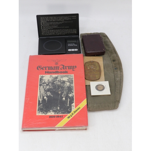 52 - German medal case, paper medal packet, German Infantry tag , digital scales, cap, Coin and a German ... 