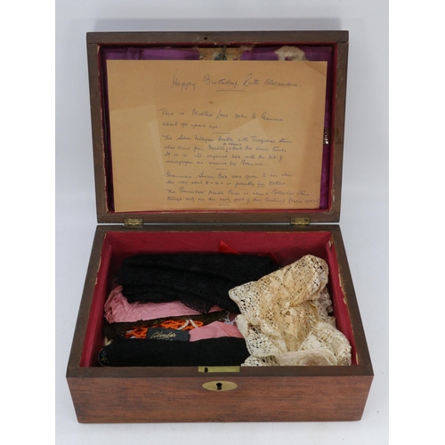 57 - Wooden Antique sewing box with some contents of antique lace