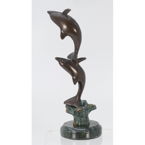 61 - Pair of bronze leaping dolphins on marble base, approx. 22cm high