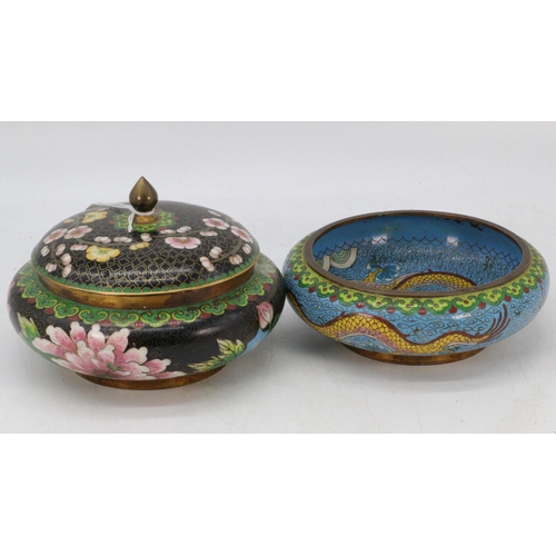 75 - Cloisonne lidded pot together with a similar bowl