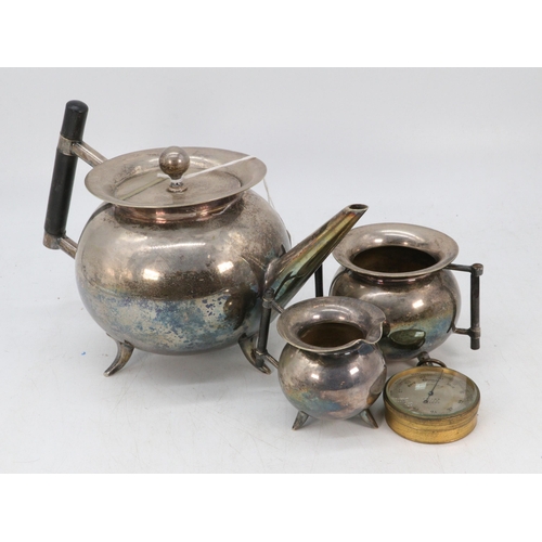 77 - Unusual late 19th Century plated arts and crafts stye three piece breakfast tea set comprising of ov... 