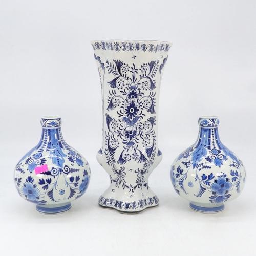 86 - Pair of Delft squat vases approx. 17cm tall) together with a tall delft vase approx. 30cm tall