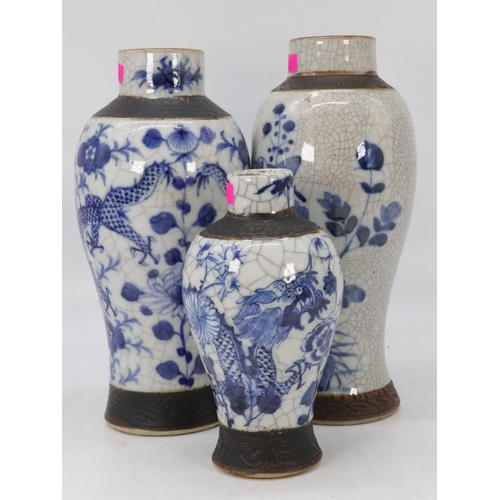 88 - Three Chinese blue and white crackleware vases in three heights (approx. heights 26cm x2 and 18cm) c... 