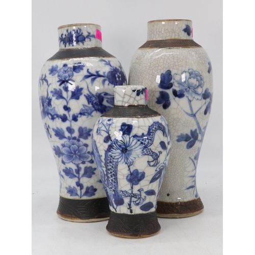 88 - Three Chinese blue and white crackleware vases in three heights (approx. heights 26cm x2 and 18cm) c... 