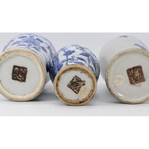 88 - Three Chinese blue and white crackleware vases in three heights (approx. heights 26cm x2 and 18cm) c... 