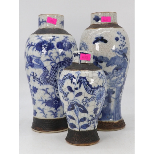 88 - Three Chinese blue and white crackleware vases in three heights (approx. heights 26cm x2 and 18cm) c... 