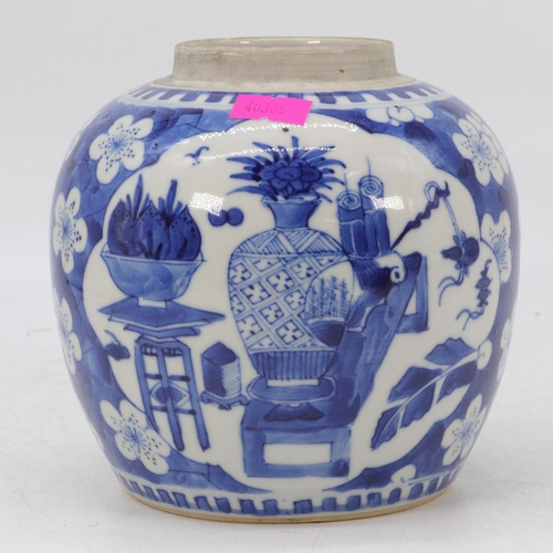 90 - 19th Century Chinese blue and white ginger jar decorated with peony (approx 15cm tall)