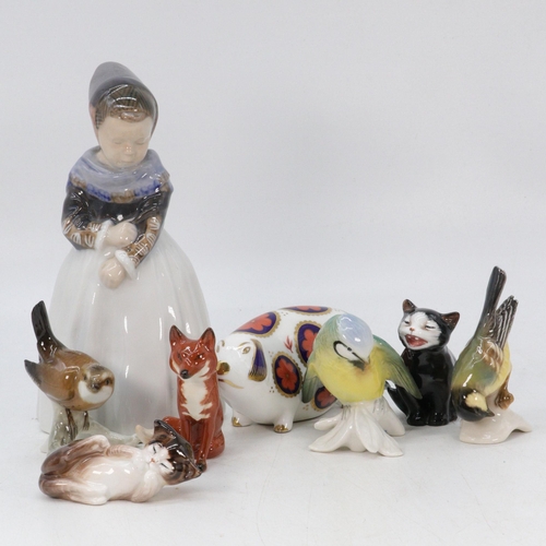 107 - Copenhagen figure 1251, two Karl Ens porcelain birds and one similar, Crown derby pig, Beswick fox, ... 