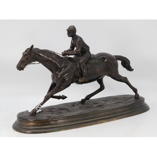 109 - Figure of a horse and jockey, made from Bronze and signed, base measures approx. 40cm by 25cm high