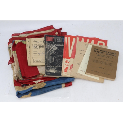 119 - Three vintage commemorative flags together with three ration books, Home Guard training manual, war ... 