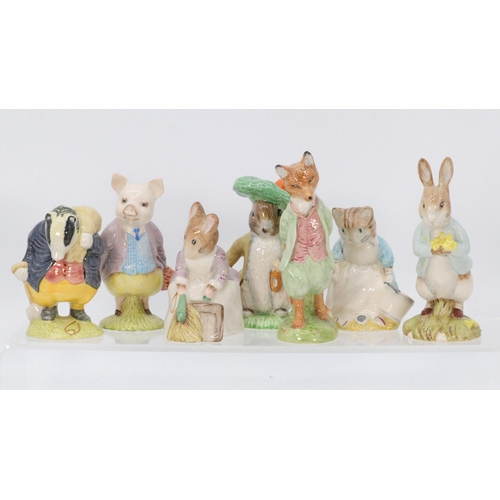 143 - 7 unboxed Royal Albert Beatrix Potter figures to include Hunca Munca sweeping, Tommy Brock, Benjamin... 