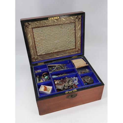 317 - Antique mahogany jewellery box with contents, Coral, gilt and white metal.