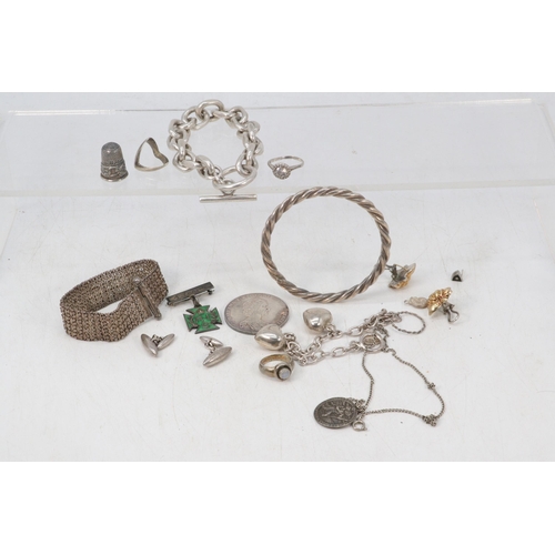 16 - Selection of assorted silver and silver plated items to include rings, bangle, bracelet, thimble, me... 