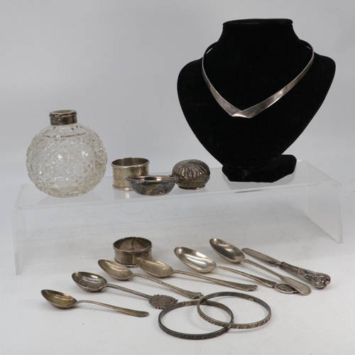 167 - Assorted antique and later silver hallmarked spoons, cutlery, napkin rings and other items