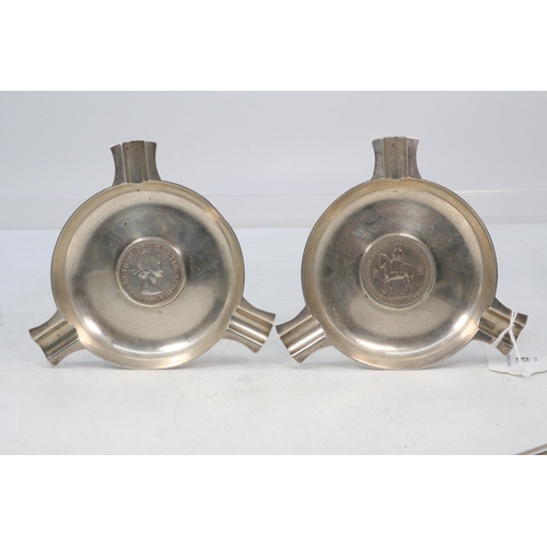 19 - Two silver ashtrays with inset coins to both