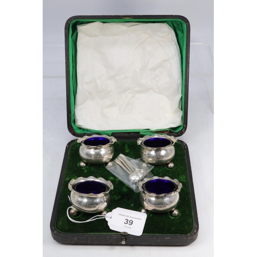 39 - Four silver salts and spoons with blue liners in original box, Walker and Hall Sheffield 1904 (appro... 