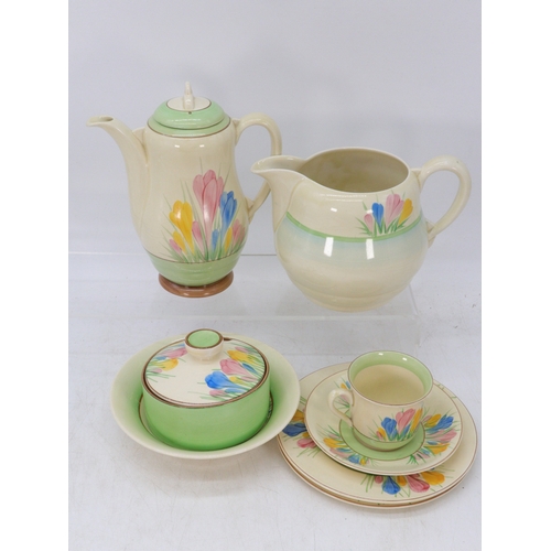 8 - Clarice cliff art deco teapot, pot and cover and a small cup in the Spring Crocus pattern