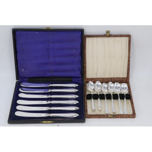 9 - Set of six silver teaspoons together with a cased set of butter knives