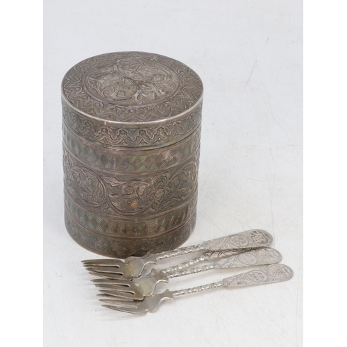 24 - Eastern silver pot together with five Chinese pickle forks