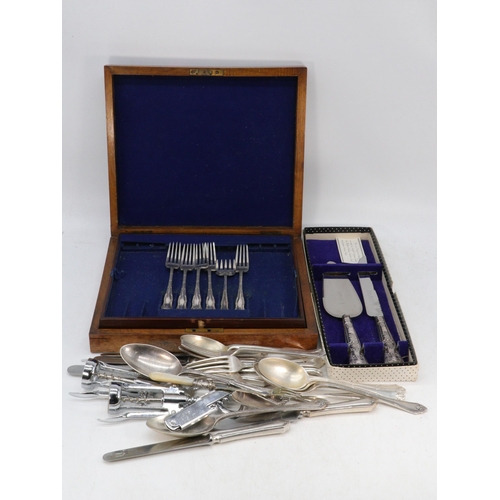 34 - Good quantity of Silver plated flatware, silver handled cake knife and slice, wooden cutlery box etc