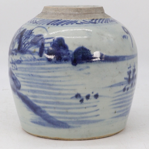 94 - Late 18th/Early 19th Century Chinese blue and white ginger jar with naïve scenes of fishing and junk... 