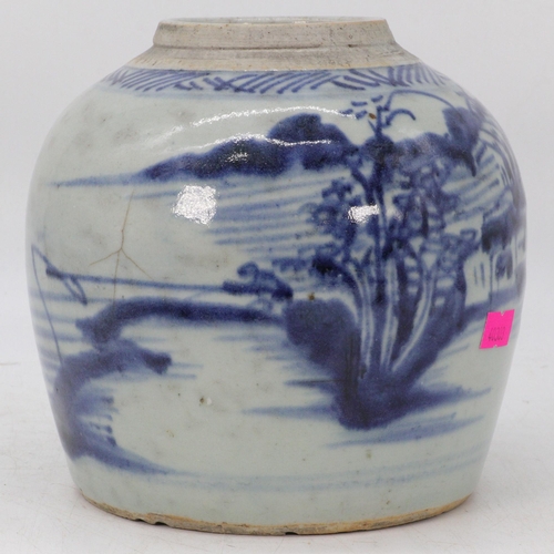 94 - Late 18th/Early 19th Century Chinese blue and white ginger jar with naïve scenes of fishing and junk... 