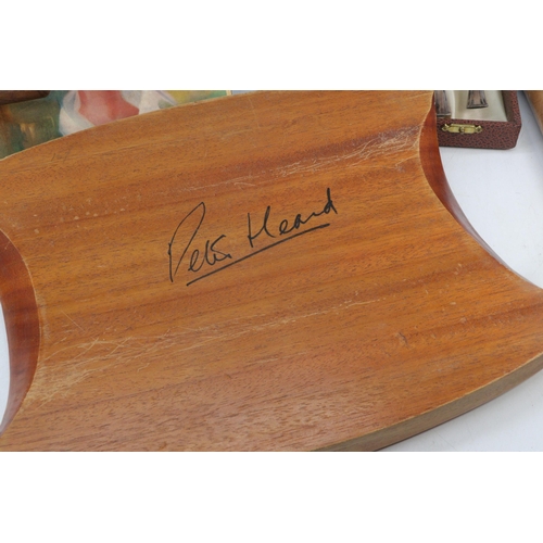 152 - An unusual wooden board, together with oak burr wooden disc, Myrtle wood dish, Danish stainless stee... 