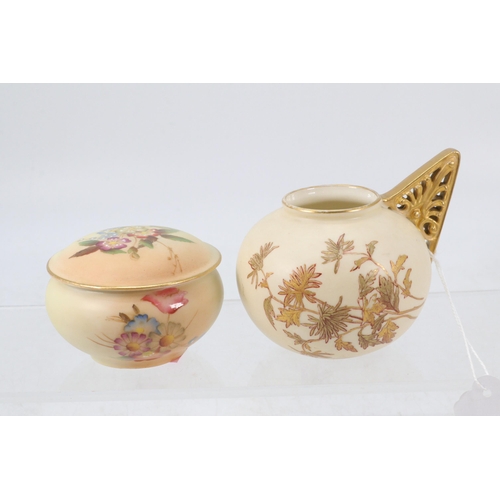 46 - A Royal Worcester blush hand painted lidded pot together with a hand painted Royal Worcester blush j... 