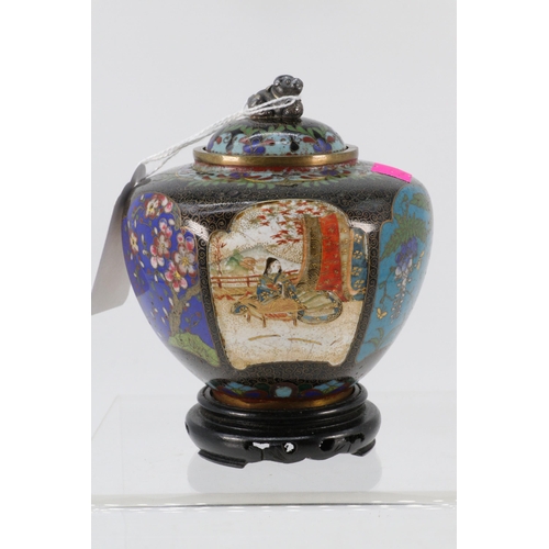 50 - Cloisonne pot with cover decorated with 3 inset satsuma panels and hardwood stand