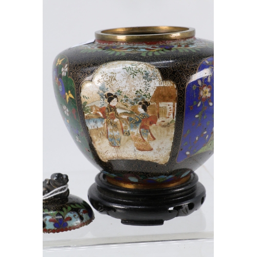 50 - Cloisonne pot with cover decorated with 3 inset satsuma panels and hardwood stand