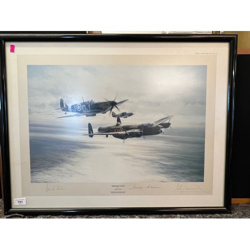 605 - A framed memorial flight by Robert Taylor signed together with an unframed print of a Lancaster Bomb... 