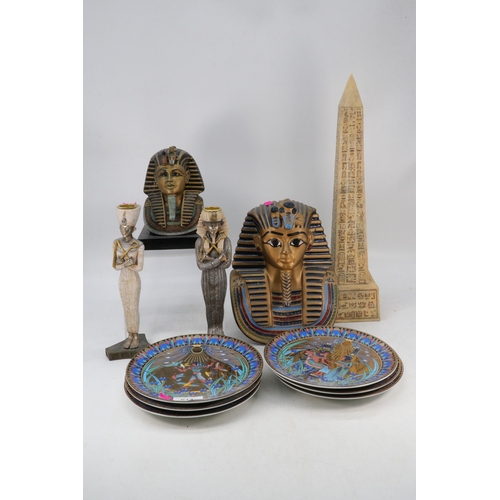 614 - Selection of assorted Egyptian style ornaments to include candlesticks, head busts, plates etc