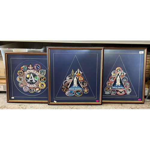 441 - Three framed collage Commemorative space shuttle missions collectable patches including NASA