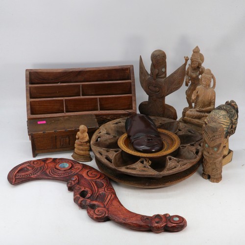 682 - Box of carved and resin figures, plates, letter rack etc