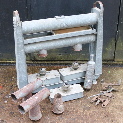 4 - Eltex paraffin greenhouse heater together with two vintage spinny water sprinklers and a Pyrene fire... 