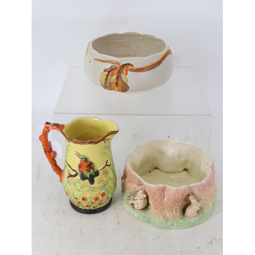 14 - A Clarice Cliff bowl, Arthur Wood Kingfisher jug, and a Sylvac 1514 bowl