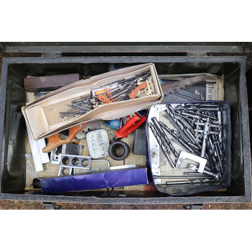 16 - Tin trunk with various drills, micrometers and tool making equipment together with an engineers ches... 