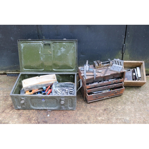 16 - Tin trunk with various drills, micrometers and tool making equipment together with an engineers ches... 