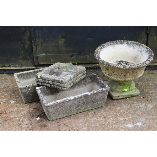 17 - Two small trough planters together with a circular planter on plinth and a shallow bird bath top