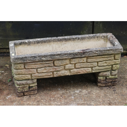 18 - Three composite trough planters with stands each measures approx. 76cmW x 25cmD x 18cmH