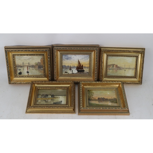 25 - Five small framed oil on board by Bernard Shaw, three local scenes, one of the Thames, and one of Wo... 