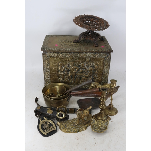 28 - Brass log box, together with a quantity of metal ware brass etc