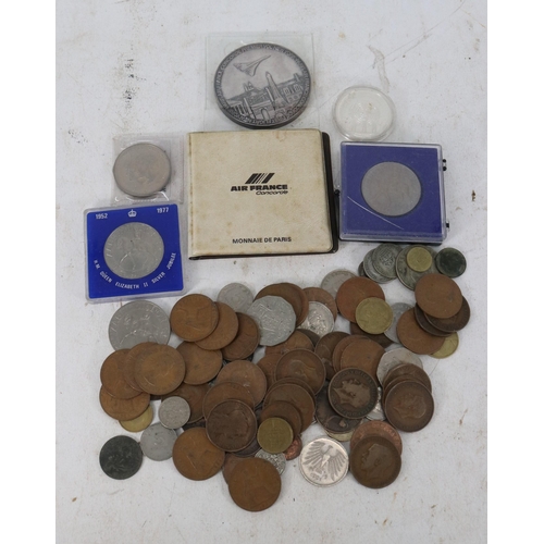 33 - Assorted coins to include an Air France Concorde flight medal in wallet