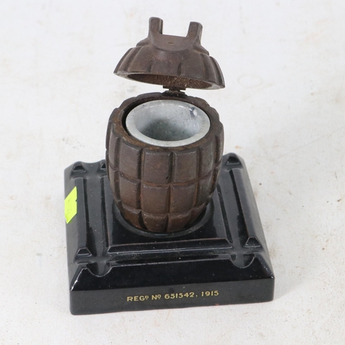 58 - 1915 grenade converted to inkwell on stand with pen tray holder