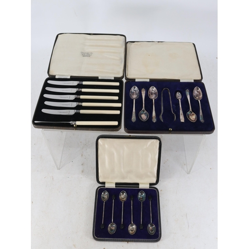 60 - Set of Walker and Hall coffee bean spoons together with cased spoons and knives.