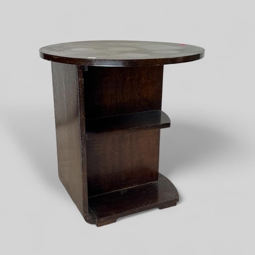 105 - Circular Oak art deco table with shelf measures approx. 55cm dia x 59cmh