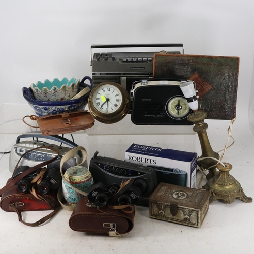 126 - Assorted sundries to include various radios, Roberts etc together with two pairs of binoculars, bras... 