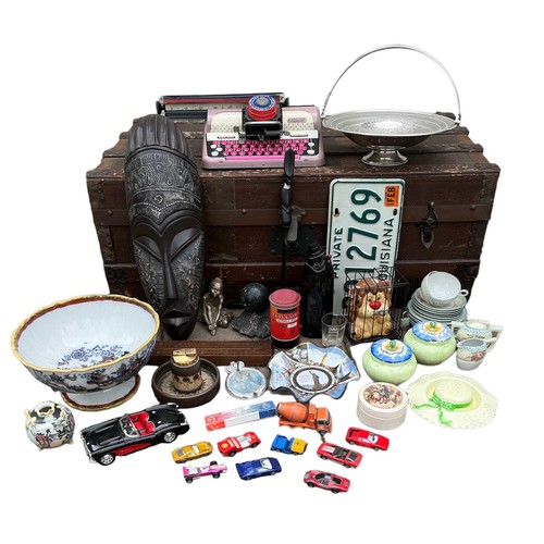 127 - Vintage trunk together with assorted ceramics, toys, tribal carvings etc