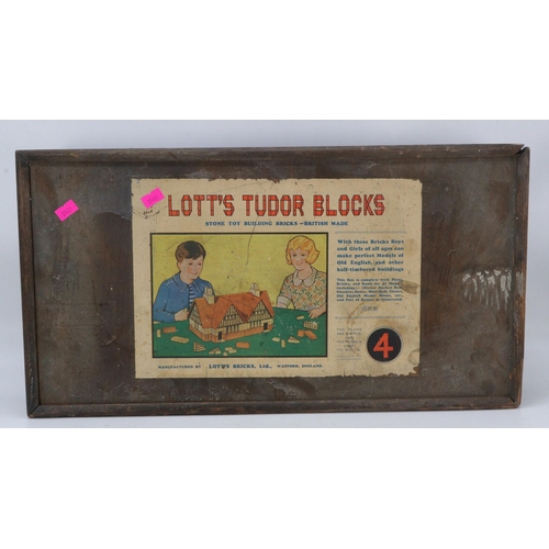 133 - Lotts tudor blocks set 4 play set in original wooden box (damp and storage damage noted)