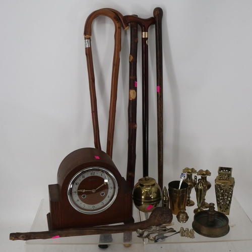 139 - Oak cased mantle clock together with some brassware including British Empire Exhibition Liptons tea ... 